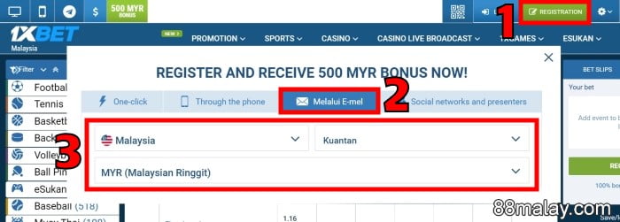 1xbet registration login malaysia via email step 1