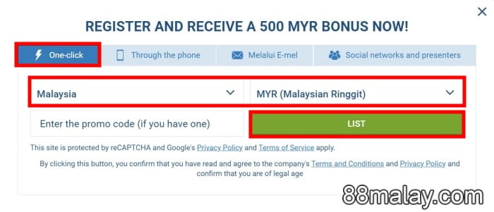 1xbet registration login malaysia via one click registration