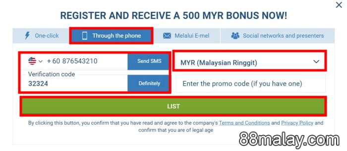 1xbet registration login malaysia via phone number verification