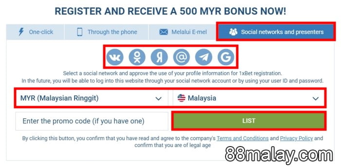 1xbet registration login malaysia via social media account