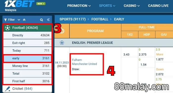 how to bet on 1xbet football betting 88malay tutorial guide step 2